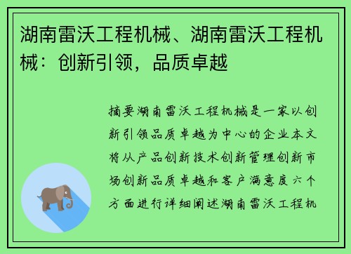 湖南雷沃工程机械、湖南雷沃工程机械：创新引领，品质卓越